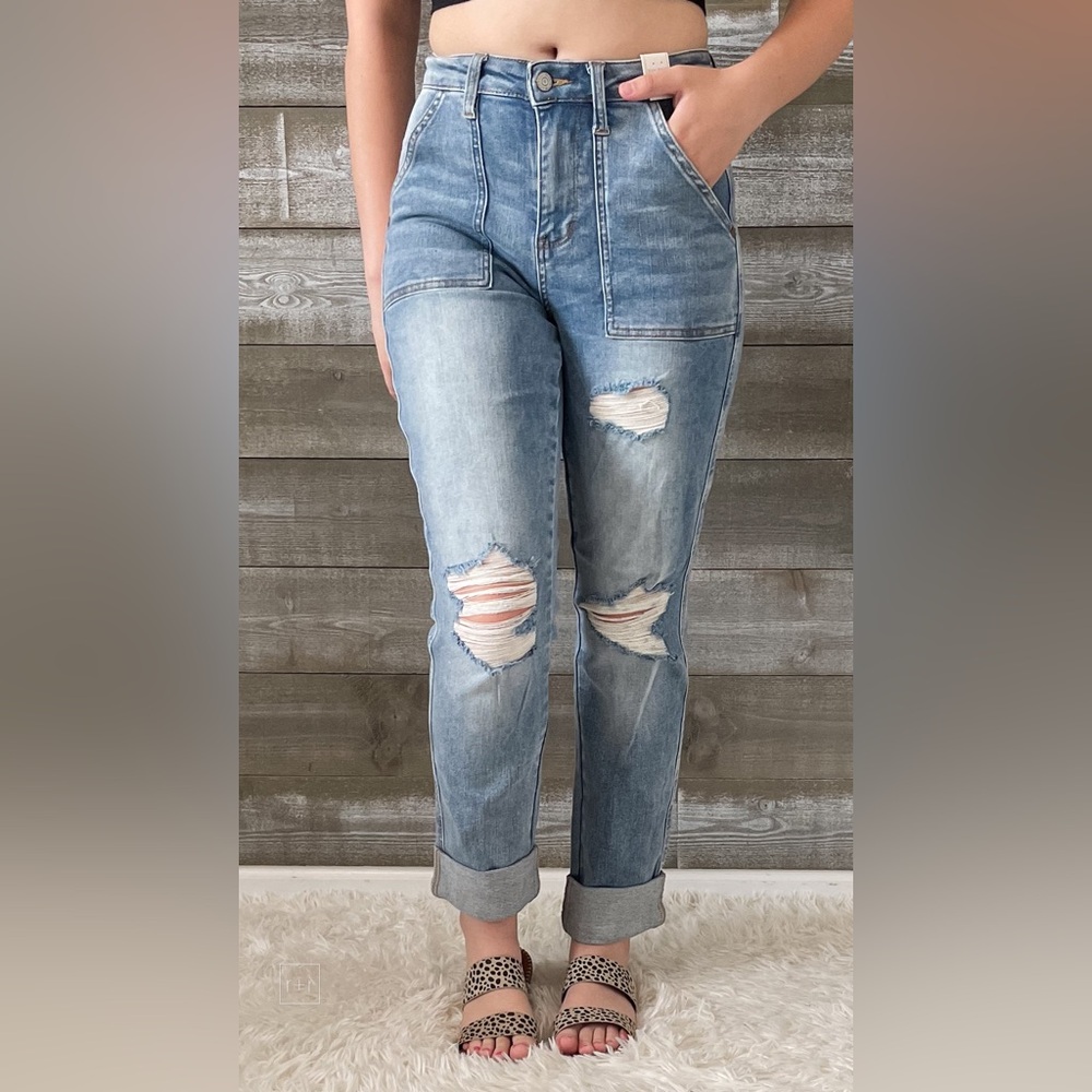 judy blue high waist patch pocket destroyed boyfriend jeans medium JB88825REG MD - Picture 3 of 16